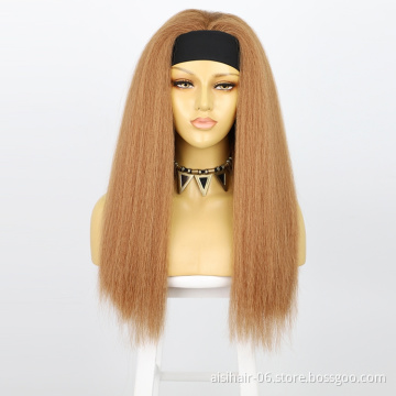 Aisi Hair Light Brown Glueless 26'' Cheap Straight Yaki Synthetic Attached Wholesale Grip For Black Women Headband Wig